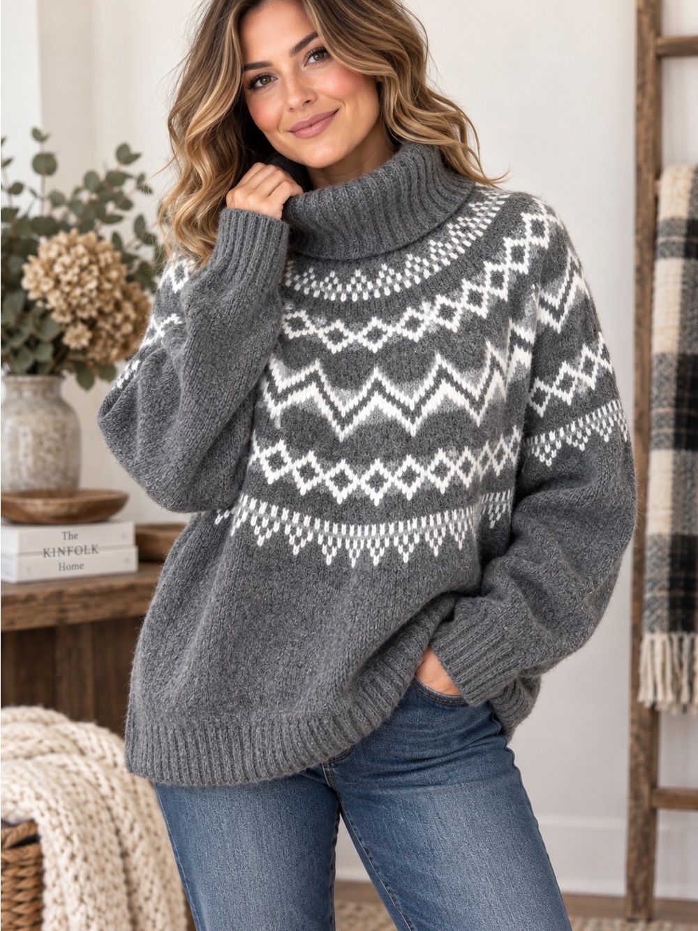 Abercrombie & Fitch XL Fair Isle Nordic Turtleneck Sweater Gray Wool Blend